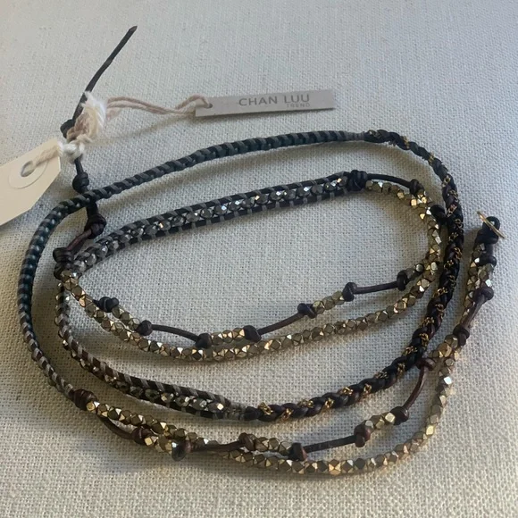 CHAN LUU beaded wrap bracelet leather with gold/silver tone nuggets NEW RARE - Picture 9 of 15